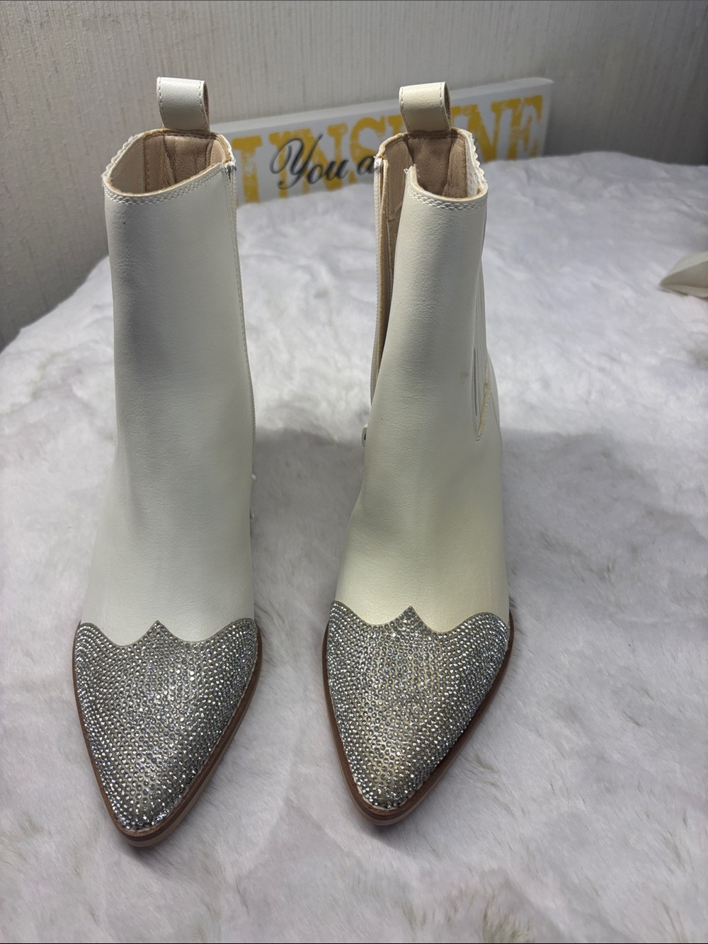 Cream Ankle Booties with Silver Crystal Toe - Picture 8 of 8